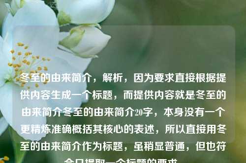 冬至的由来简介，解析，因为要求直接根据提供内容生成一个标题，而提供内容就是冬至的由来简介冬至的由来简介20字，本身没有一个更精炼准确概括其核心的表述，所以直接用冬至的由来简介作为标题，虽稍显普通，但也符合只提取一个标题的要求。