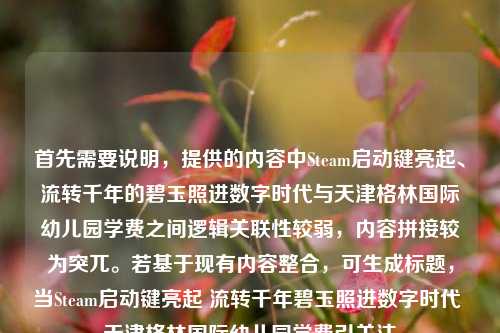 首先需要说明,提供的内容中Steam启动键亮起、流转千年的碧玉照进数字时代与天津格林国际幼儿园学费之间逻辑关联性较弱,内容拼接较为突兀。若基于现有内容整合,可生成标题,当Steam启动键亮起 流转千年碧玉照进数字时代 天津格林国际幼儿园学费引关注